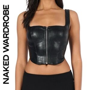 Naked Wardrobe 🖤 Black Leather corset back & zip front top | NWT | XS